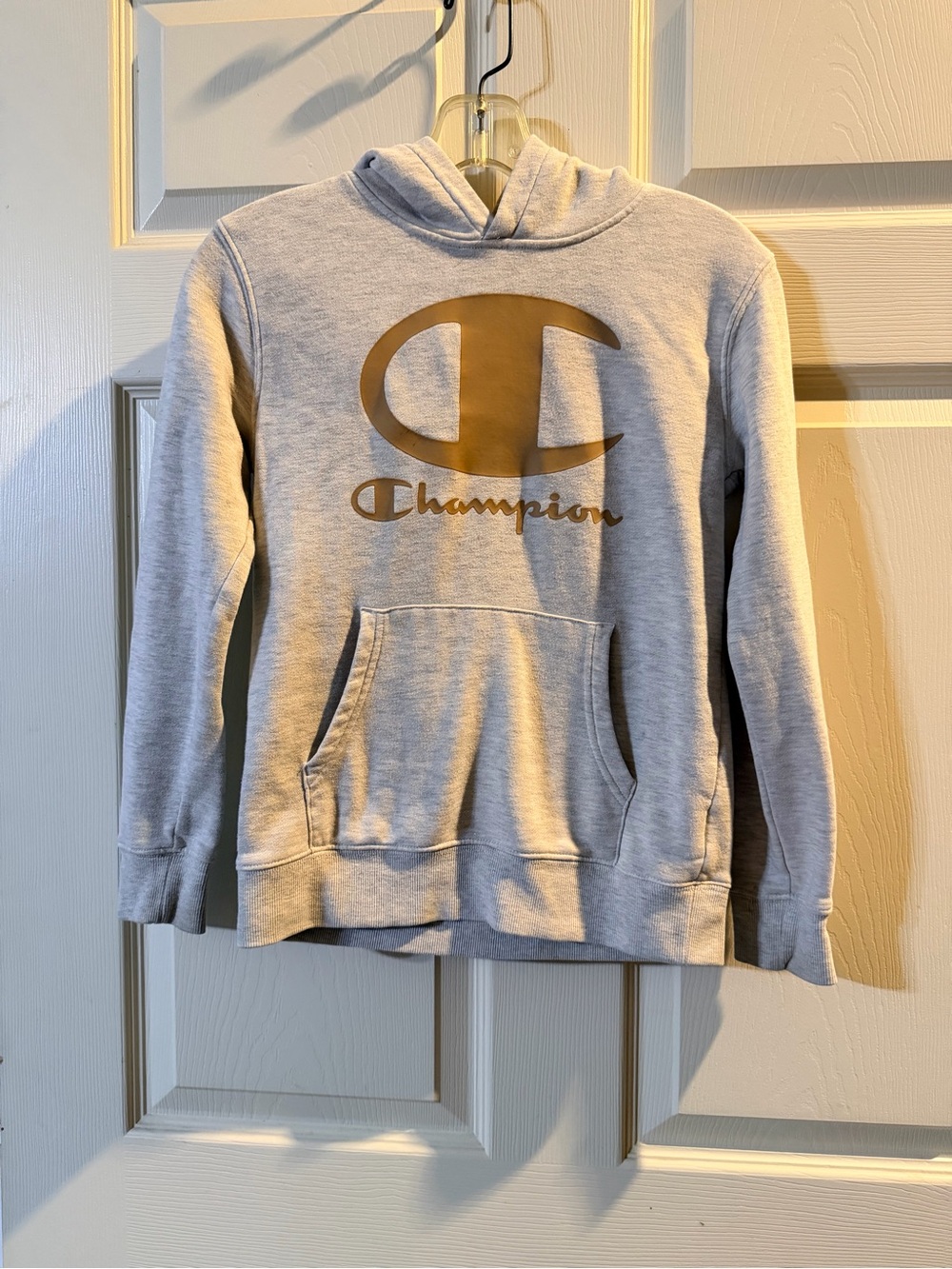Kids Champion Light Gray Hoodie with Gold Logo